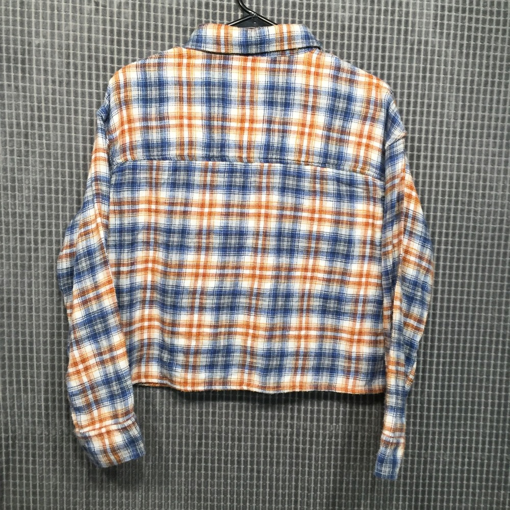 American Eagle Womens Flannel Shirt S Blue Orange Excellent Cropped Plaid Button - Picture 2 of 9
